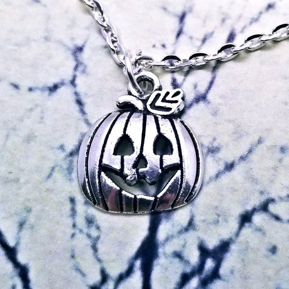Baroque Vintage Jewelry - Halloween Jack-O-Lantern Silver Necklace